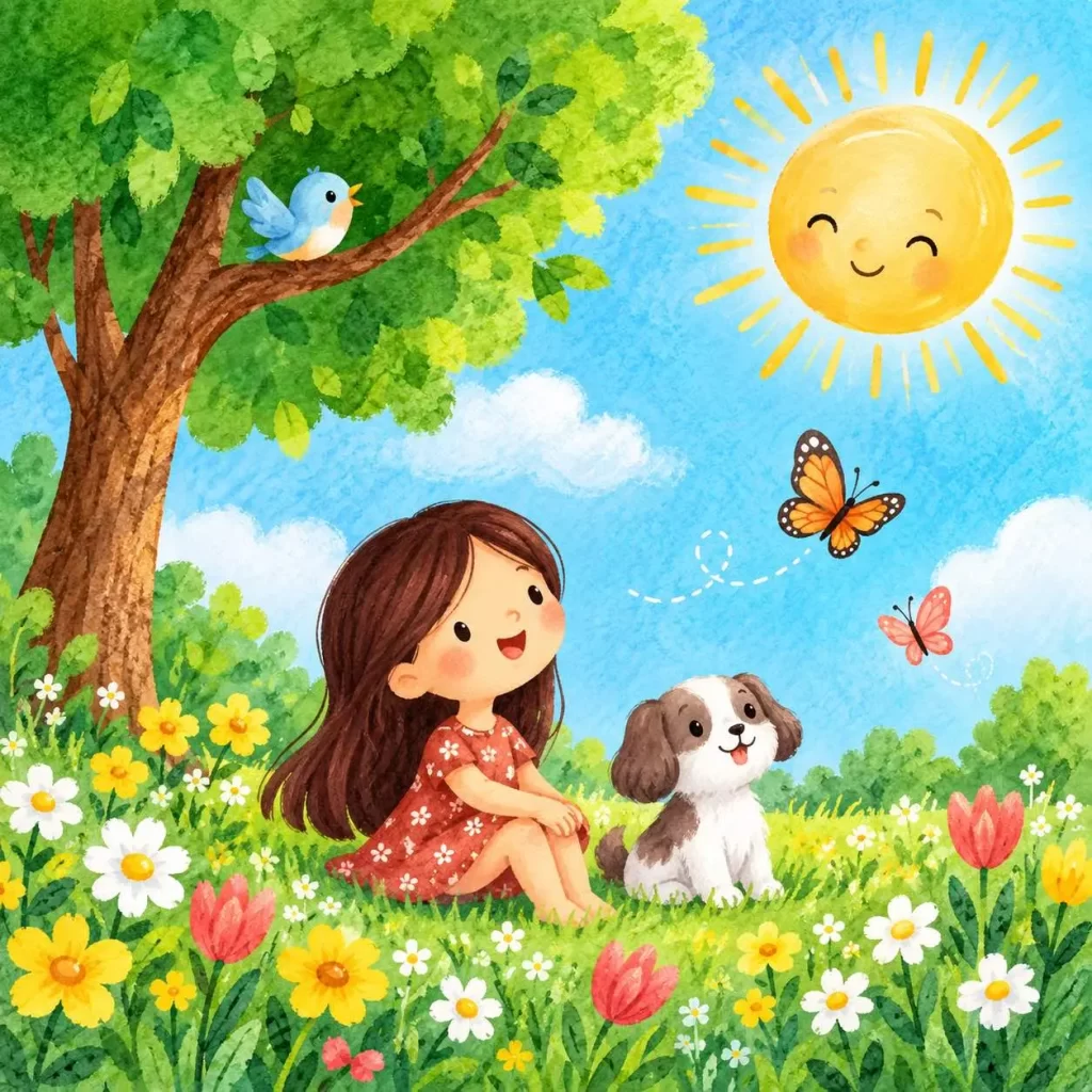 Girl sits beneath a tree in a sunny meadow with a puppy, bird, and butterflies.
