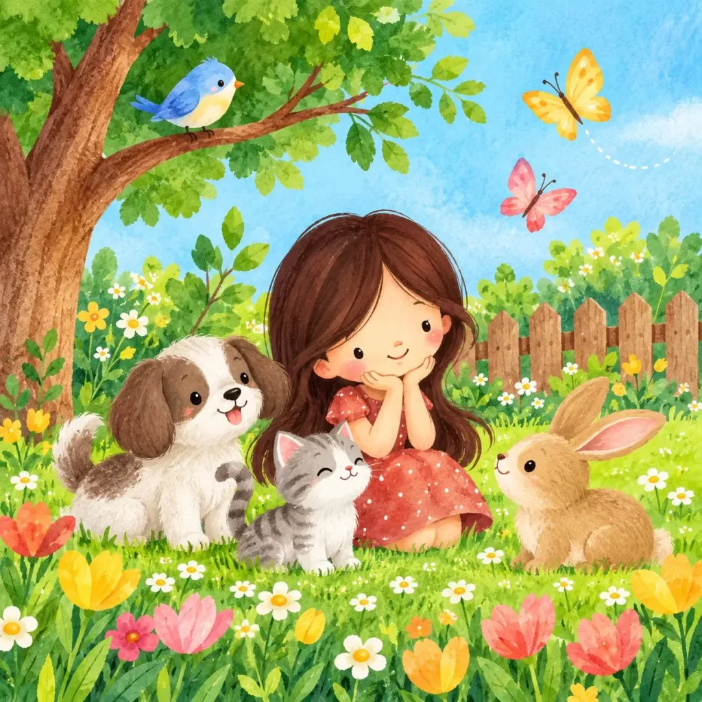 Girl reads in a flower-filled meadow with a puppy, white kitten, bunny, and bluebird nearby.