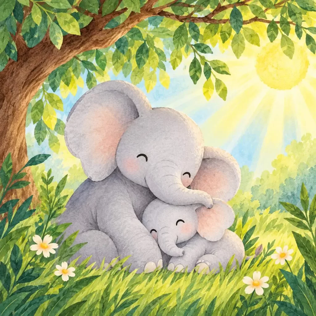 Watercolor illustration of a mother elephant curled protectively around her calf beneath a tree.