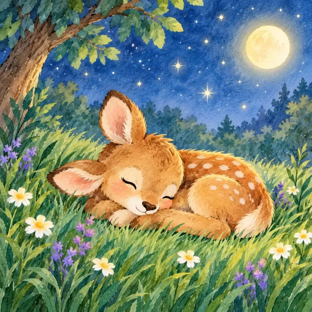 Spotted fawn sleeps in a moonlit meadow beneath a star-filled sky.