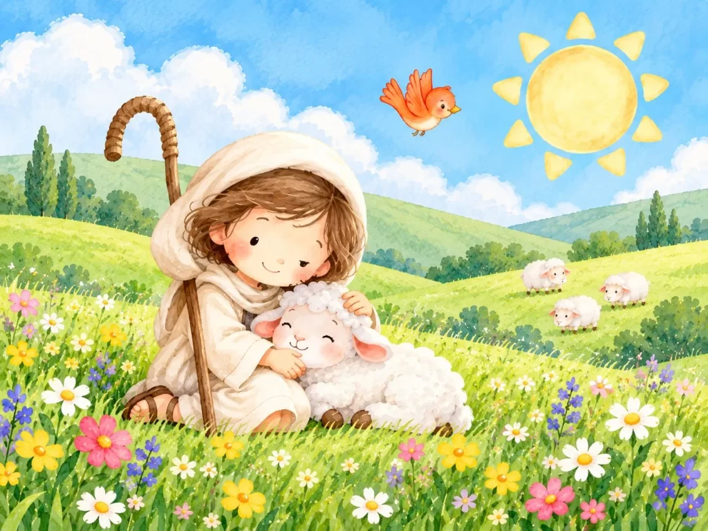 Young shepherd cradles a white lamb beside a stream in a sunny flower-filled meadow.