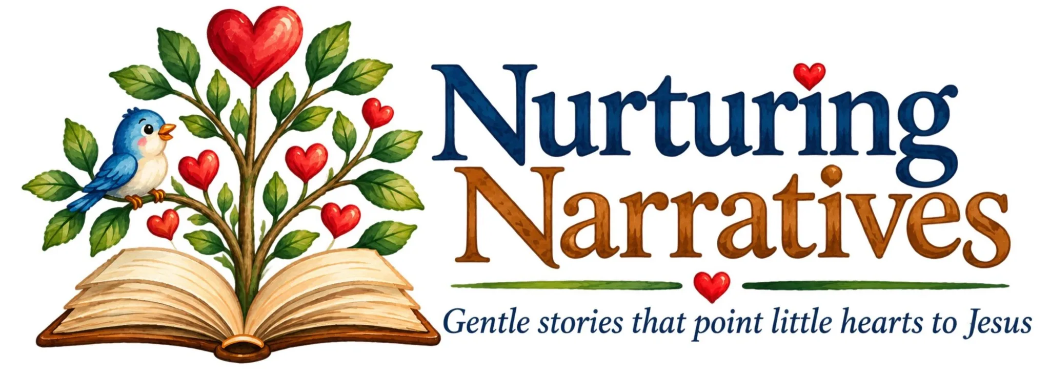 Nurturing Narratives logo with a heart tree growing from an open book.